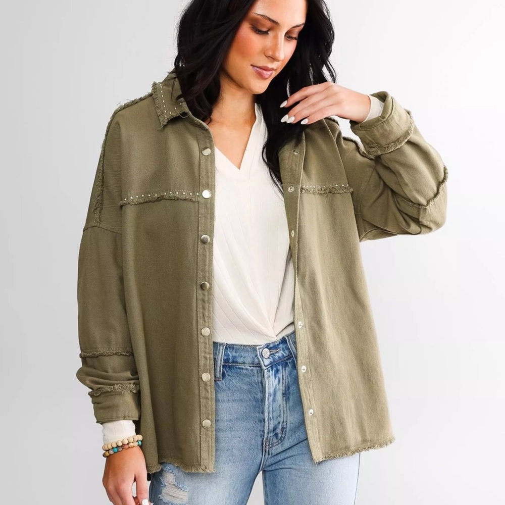 VERVET Army Green Studded Fringe Canvas Shacket Size S